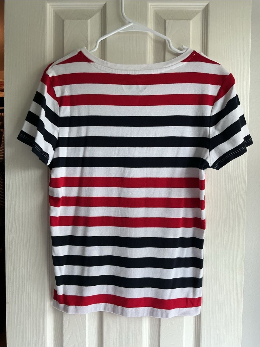 Tommy Hilfiger Striped V-Neck Tee in Red, Black & White - Picture 5 of 9
